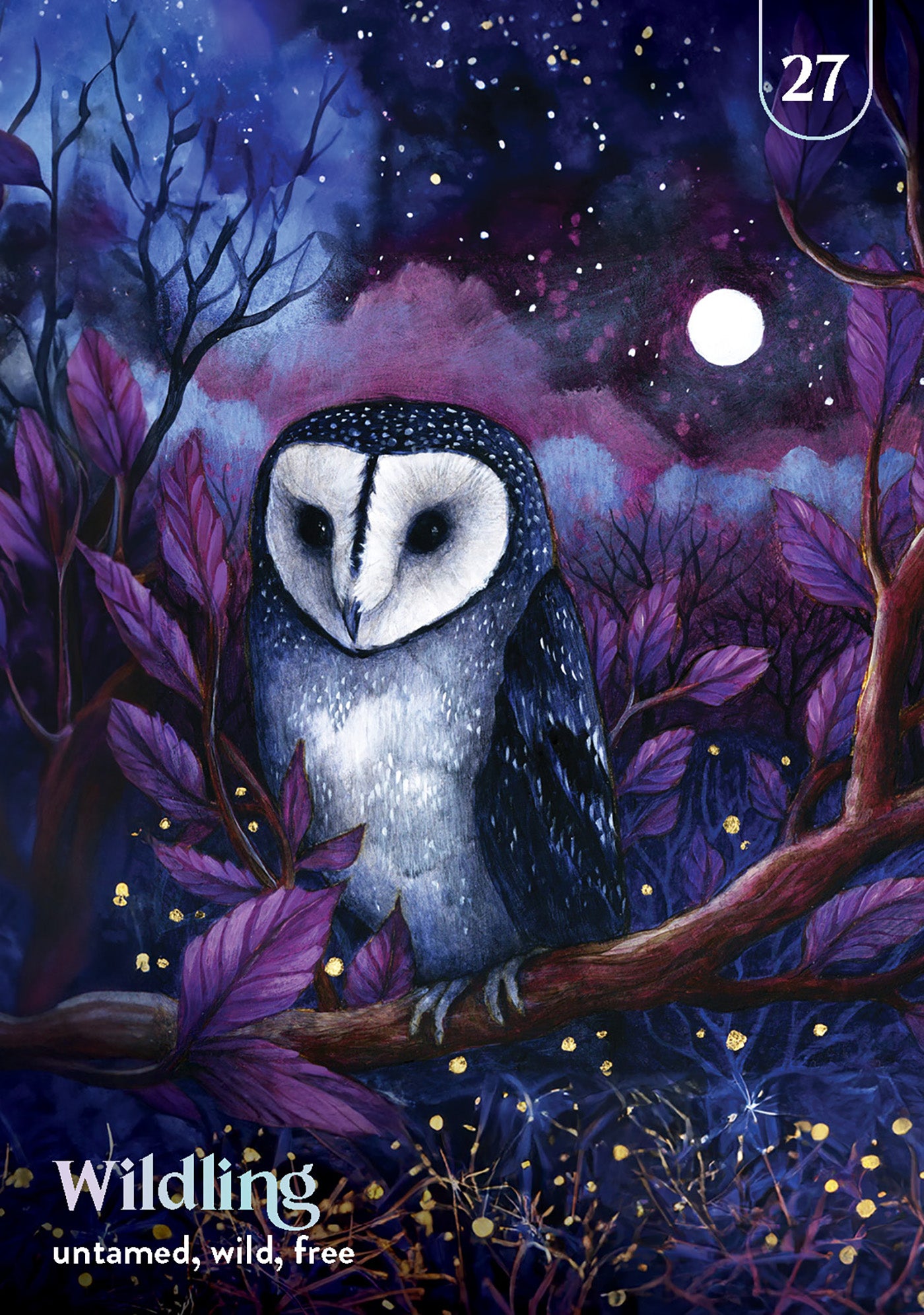 Owl in a forest at night with stars and moon, surrounded by purple foliage.