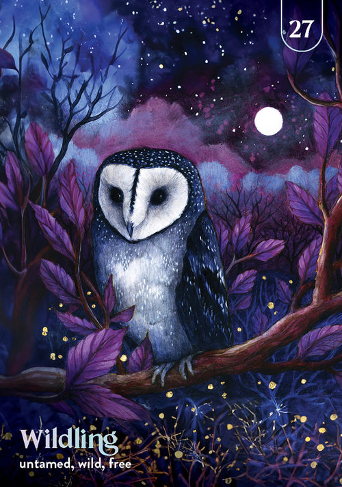 Owl in a forest at night with stars and moon, surrounded by purple foliage.