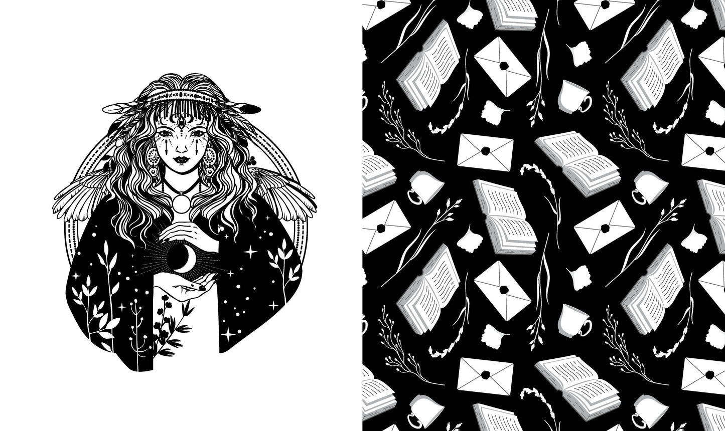 Black and white illustration of a woman with a moon symbol, surrounded by books and envelopes on a black background.