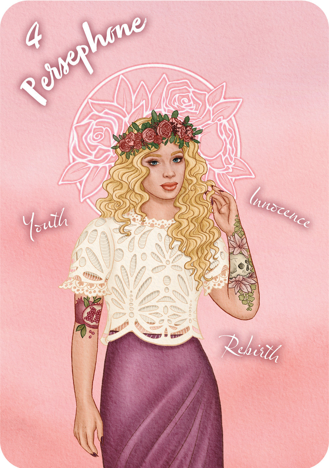 Illustration of a woman with floral crown and tattoos on a pink background, labeled 'Persephone'.