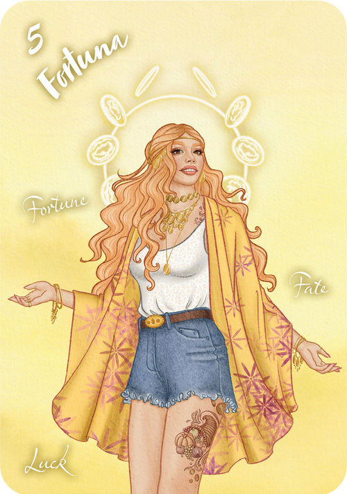 Illustration of a woman with long hair and a yellow card with '5 Fortuna' text on a yellow background